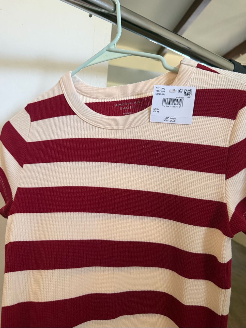 American Eagle Outfitters Red and Cream Striped Short Sleeve Tee